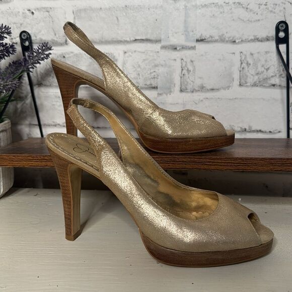 Jessica Simpson Metallic Gold Slingback Leather Heels Size 8 - Picture 1 of 6